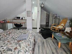a bedroom with a bed and a table and a kitchen at Aluston in Hannover +12 photos
