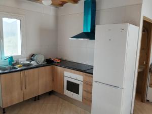 a kitchen with a white refrigerator and a sink at Mas De La Salut in Sant Jaume Sas Oliveras