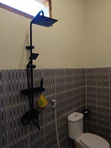 a bathroom with a white toilet and a shower at AWAN Homestay in Kuta Lombok