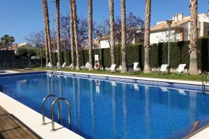 a swimming pool with palm trees and chairs at Apartamento de Lujo Cerca de la Playa EL CAMPELLO in El Campello