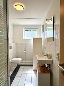 a white bathroom with a toilet and a sink at Garten-Apartment in Selm