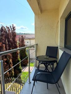 a patio with a table and chairs on a balcony at Casa Petrişor in Corbi +30 photos