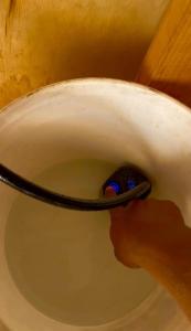 Eine Person hält eine Bürste in einer Toilettenschüssel in der Unterkunft Solara Glamping in Tecate