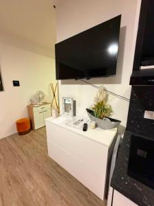 a living room with a large flat screen tv on the wall at Eibisch Apartments in Passau
