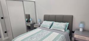 a bedroom with a bed with blue pillows and a mirror at Villa View in Neum