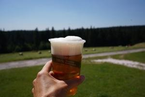 a person holding a cup of beer in a field at Pod křídly Krkonoš in Černý Dŭl