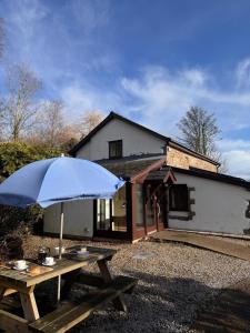 a picnic table with an umbrella in front of a house at Upper Grippath Farm Holiday Cottages in Newport