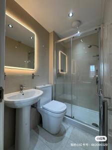 a bathroom with a toilet and a sink and a shower at Spacious 5BR House Free Parking hatfield in Hatfield +38 photos