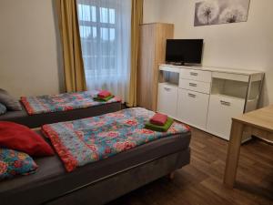 a hotel room with two beds and a television at Apartments Vogtlandblick in Reichenbach im Vogtland