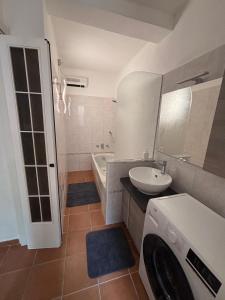 a bathroom with a sink and a washing machine at Condominio Villa Helios in Cuasso Al Monte