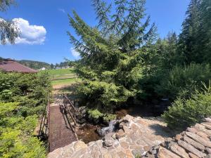 a gate in a garden with a pine tree at Penzion Alpský Dům in Železná Ruda