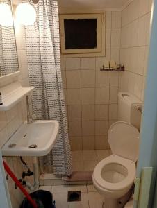 a small bathroom with a toilet and a sink at Stydio Damos in Kavála