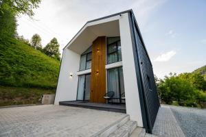 a small house with a black door at Cozy HillSide in Borşa