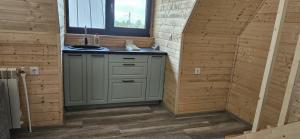 a kitchen with a sink in a wooden wall at E&T-Cabin A frame in Sibiu +2 photos