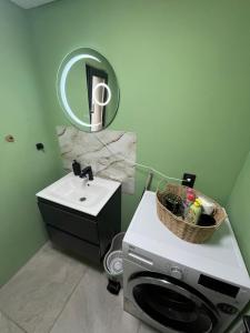 a bathroom with a washing machine and a mirror at Chalet 1602 in Avrig +41 photos