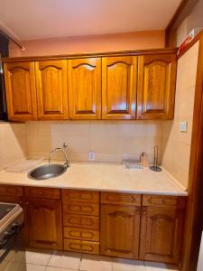 a kitchen with wooden cabinets and a sink at Apartment CenterZeroZone in Banja Luka