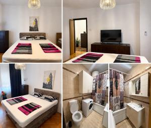 four pictures of a bedroom with two beds and a tv at Apartment CenterZeroZone in Banja Luka