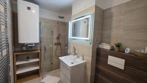 a bathroom with a sink and a shower at Apartmán Mlýn 208 in Vrchlabí