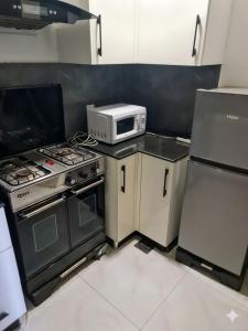 a kitchen with a microwave and a stove and refrigerator at Zameen Opal Executive 2-Bed Suite in Lahore +7 photos