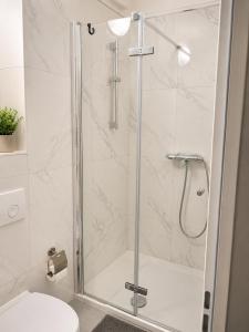 a shower with a glass door in a bathroom at Laroni in Duisburg