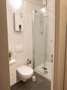 a bathroom with a toilet and a shower at Laroni in Duisburg