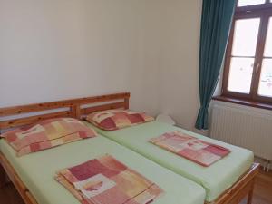 two twin beds in a room with a window at Apartmán Netolice in Netolice