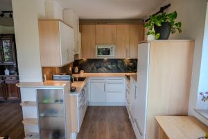 a kitchen with wooden cabinets and white appliances at Haus Fine in Millstatt