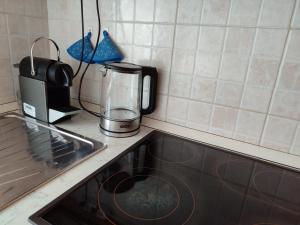 a kitchen counter with a blender on top of a stove at Appartamento Campitello House in Campitello di Fassa
