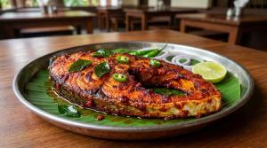 a plate of food with a fish on a banana leaf at Hotel Srirangasthalam in Chitradurga