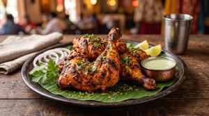 a plate of food with chicken on a wooden table at Hotel Srirangasthalam in Chitradurga