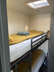 a room with two bunk beds and a skylight at Houseboat De Amstel in Monnickendam