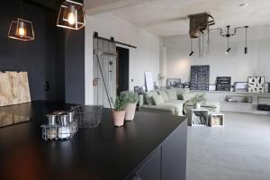 a kitchen and living room with a black counter top at Ohlerich Speicher App_ 17 in Wismar