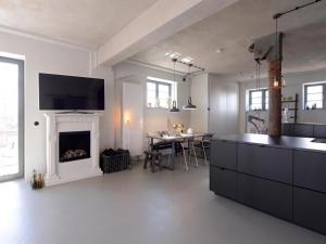 a kitchen and living room with a fireplace and a table at Ohlerich Speicher App_ 17 in Wismar +19 photos