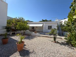 a yard with potted plants and a house at Supreme Comfort In Skala in Skala