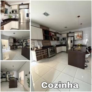 a kitchen with white cabinets and a kitchen with a stove at Casa grande e confortável! in Petrolina