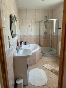 a bathroom with a sink and a tub and a shower at Sielski domek w Orawce in Jabłonka