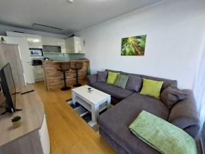 a living room with a couch and a table at Dream Getaway Apartment with Jacuzzi and Pool in Vienna