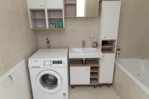 a small bathroom with a washing machine and a sink at Dream Getaway Apartment with Jacuzzi and Pool in Vienna +27 photos