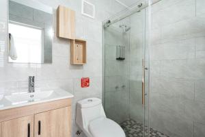 a bathroom with a shower and a toilet and a sink at Colmado by Otium in Hato Candal