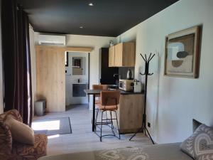 a kitchen and living room with a table and chairs at Le Paradis d'Auguste in Meyzieu