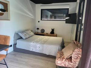 a bedroom with a bed and a cat sitting on a table at Le Paradis d'Auguste in Meyzieu