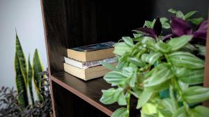 a stack of books sitting on a shelf next to a plant at Mellow Homestay in Ella