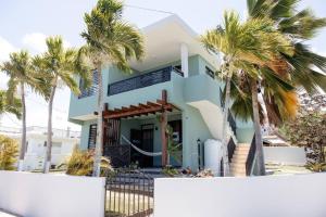 a house with palm trees in front of it at 6BR Beachfront Compound w-Generator & Games in Camuy