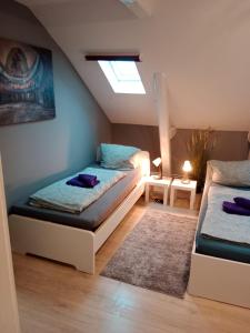 two beds in a small room with a skylight at FördeFlats in Flensburg