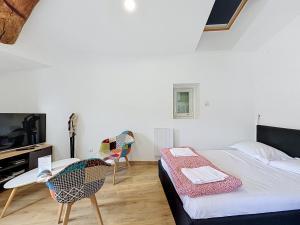 a room with a bed and a tv and chairs at Le Montgy - Studio tout confort à Royat National N1 in Royat