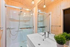 a bathroom with a shower and a sink and a mirror at Le Versant Mont-Sainte-Anne in Saint-Férréol-les-Neiges