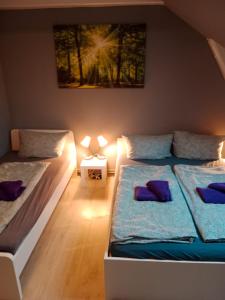 two beds in a room with blue pillows on them at FördeFlats in Flensburg +7 photos