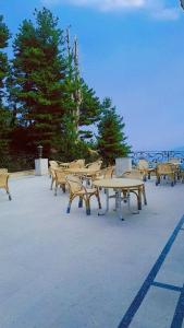 a group of picnic tables and benches with trees at Woodford Ayubia in Ayubia