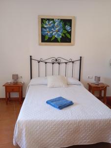 a bedroom with a bed with a blue towel on it at Casa La Vega in Torrox Costa +11 photos