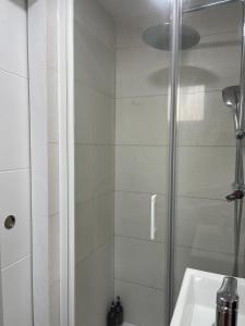 a shower with a glass door next to a sink at Habitación Manzanilla in Sanlúcar de Barrameda